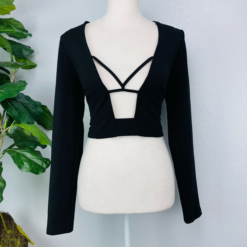 Dance & Marvel Black Long Sleeve Front Cut Off Plunging Neckline Crop Top